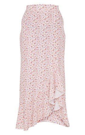 Cream Ditsy Floral Frill Hem Wrap Maxi Skirt | PrettyLittleThing USA