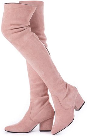 Amazon.com | Mtzyoa Thigh High Block Heel Boot Women Pointed Toe Stretch Over The Knee Boots (7, Pink) | Over-the-Knee