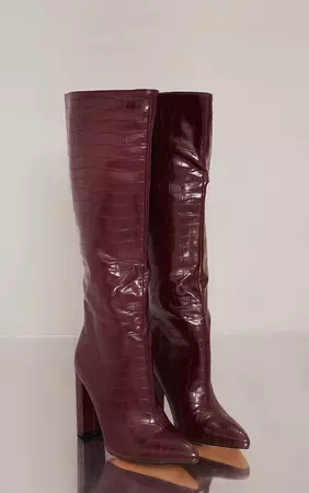 Burgundy Wide Fit Croc Pu Knee High Heel Boots | PrettyLittleThing USA