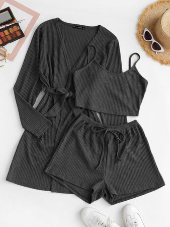 [35% OFF] 2020 Ribbed Knit Cami Pajama Set With Robe In BLACK | ZAFUL
