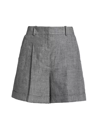 Pleated Cuffed Linen Shorts Grey