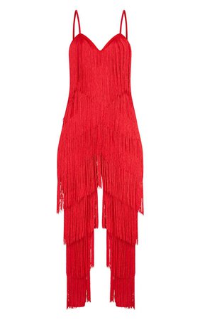 Red Tassel Plunge Jumpsuit | PrettyLittleThing USA