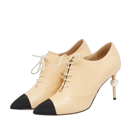 Chanel Beige/Black Leather And Canvas Pearl Lace Up Booties