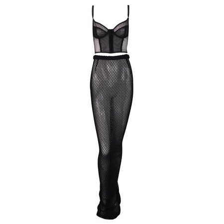 1990's Dolce and Gabbana Pin-Up Black Fishnet Bustier and Extra Long Skirt Set For Sale at 1stdibs