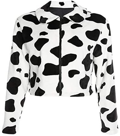 Womens Cow Print Fuzzy Fleece Short Jackets Long Sleeve Fluffy Coat Zip up Faux Shearling Outwear at Amazon Women's Coats Shop