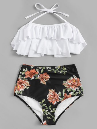 Layered Ruffle Halter Top With Floral Side Ruched Bikini -ROMWE