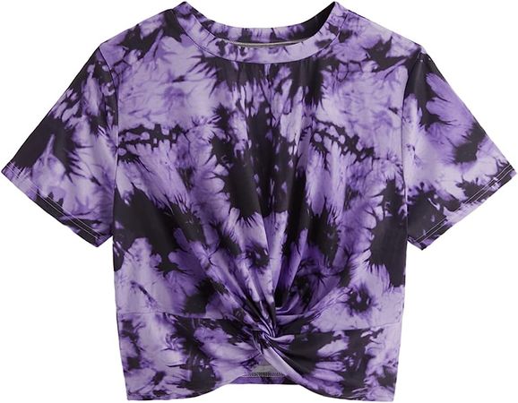 SweatyRocks Women's Casual Twist Front Short Sleeve Crop Top T-Shirt Purple Black L at Amazon Women’s Clothing store