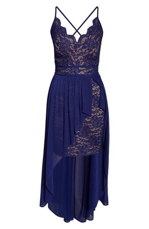 Morgan & Co. Scallop Lace Bodice High/Low Gown blue