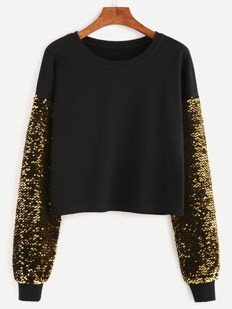 Black Drop Shoulder Embroidered Sequin Sleeve Sweatshirt