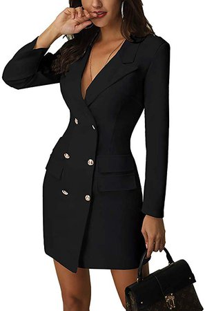 CHICME Women V-Neck Double Breasted Blazer Dress S Black at Amazon Women’s Clothing store