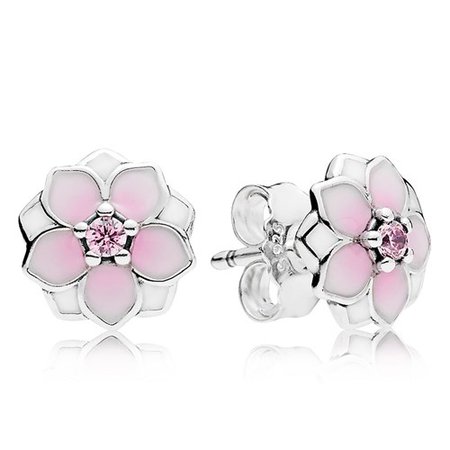 PANDORA Magnolia Bloom, Pale Cerise Enamel & Pink CZ Earrings - Pancharmbracelets.com