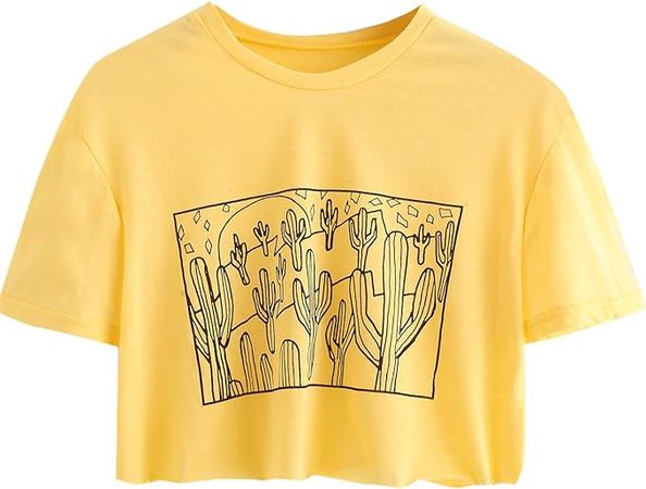 SweatyRocks Women's Cactus Print Crop Top Summer Short Sleeve Graphic T-Shirts Yellow Medium at Amazon Women’s Clothing store