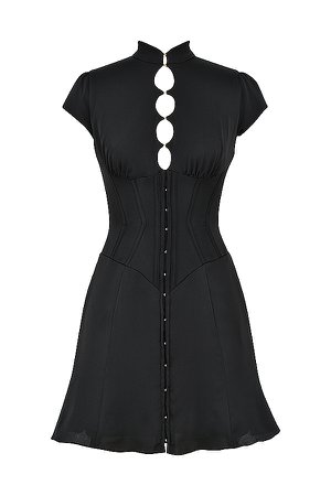 Clothing : Mini Dresses : 'Carmina' Black Satin Fluted Corset Mini Dress