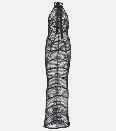 Crochet Halterneck Gown in Black - Balmain | Mytheresa