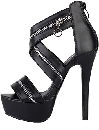 *clipped by @luci-her* Punk Black X-Strap Zip Gothic Platform Stiletto Heel Sandals, LF80101 | Heeled Sandals