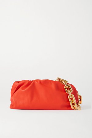 The Pouch Chain-embellished Gathered Leather Clutch - Orange