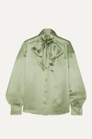 Green Pussy-bow silk-blend satin blouse | Gucci | NET-A-PORTER