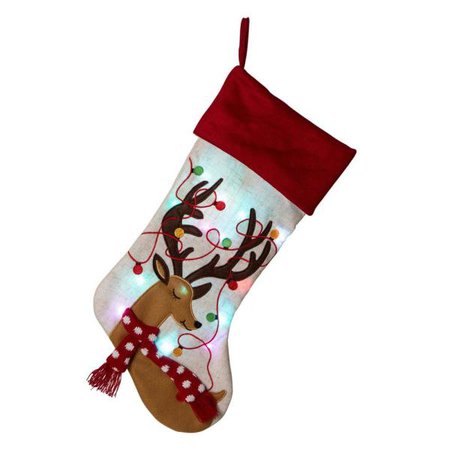 Glitzhome 21 in. L LED Embroidered Linen Christmas Stocking - Reindeer-1113203055 - The Home Depot