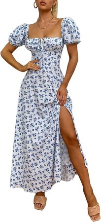 Women's Summer Puff Sleeve Floral Print Split Maxi Dress Flowy A Line Casual Beach Long Dresses White-S at Amazon Women’s Clothing store