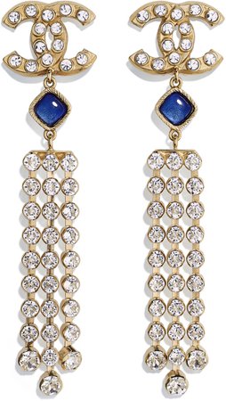 Earrings, metal, crystal and rhinestones, gold, blue and crystal - CHANEL