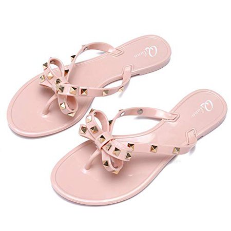 Amazon.com | Qilunn Women Studded Bow Flip Flops Jelly Thong Sandals Rubber Flat Summer Beach Rain Shoes | Sandals