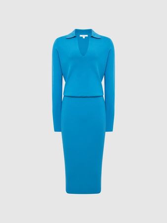 Reiss Blue Elaina Regular Rib-Knitted Midi Dress | REISS USA