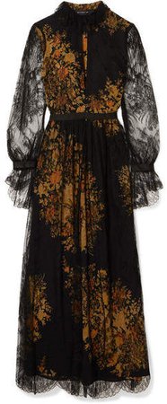 Floral-print Lace And Crepe Maxi Dress - Black