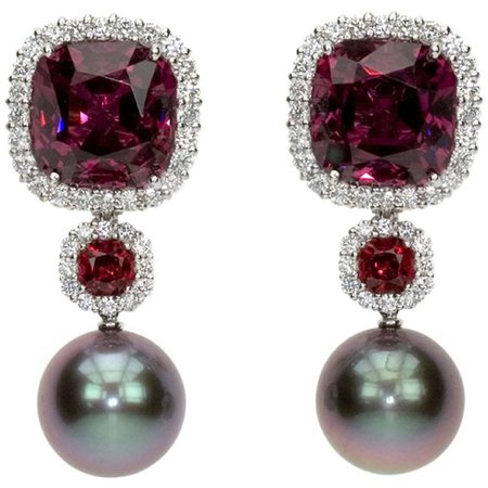 "Samuel Getz" Exceptional Tahitian Pearl, Spinel Garnet and Diamond Plat Earrings For Sale at 1stdibs