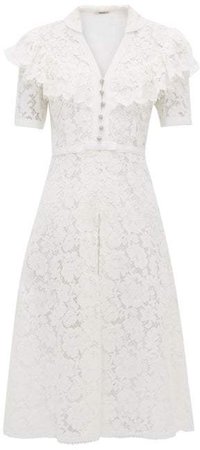 Ruffled Cotton Blend Guipure Lace Midi Dress - Womens - White
