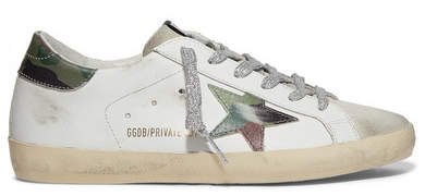 Superstar Distressed Printed Leather And Suede Sneakers - White