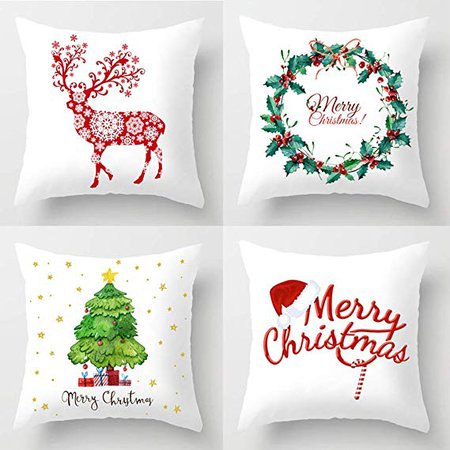 KACOPOL Merry Christmas Pillow Covers Xmas Home Decorative Super Soft Throw Pillow Case Cushion Covers 18" x 18" Set of 4 Christmas Decorations (Merry Christmas Tree Deer)