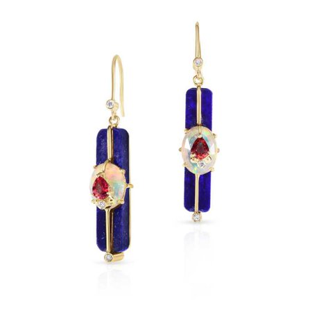 Moderne Gemstone Stick Earrings with Lapis Ethiopian Opal, Red Orange Sapphire, Diamonds, 14K Rose Gold - Loriann Jewelry
