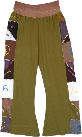 Olive Garden Hippie Side Patchwork Knit Pants | Green | Split-Skirts-Pants, Patchwork, Embroidered, Bohemian, Handmade