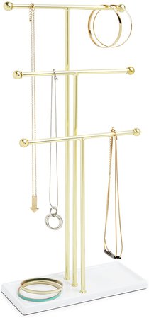 Umbra Trigem Hanging Jewelry Organizer – 3 Tier Table Top Necklace Holder, Jewelry Box and Jewelry Display with Jewelry Tray Base, White/Brass: Amazon.ca: Home & Kitchen