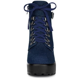Allegra K Women's Zip Chunky Heel Platform Ankle Combat Boots Dark Blue 10 : Target