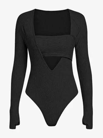 ZAFUL Women's Solid Color Sexy Daily Ribbed Knit Cut Out Layered Bandeau Design Long Sleeve Bodysuit In BLACK | ZAFUL 2024
