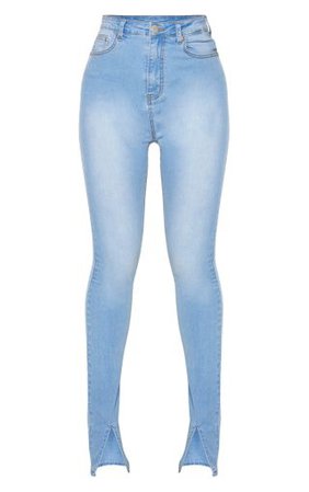 Tall Light Blue Wash Split Front Skinny Jean | PrettyLittleThing