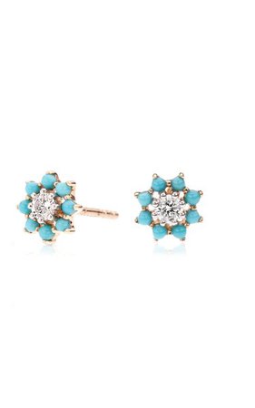 Tiny Flower 14k Gold Diamond And Turquoise Studs By Adina Reyter | Moda Operandi