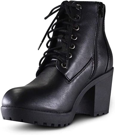 Amazon.com | Marco Republic Sydney Women's Round Toe Chunky Block High Heels Lace Up Military Combat Boots - (Black PU) - 7 | Boots
