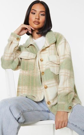 Green Brushed Check Print Shacket | PrettyLittleThing