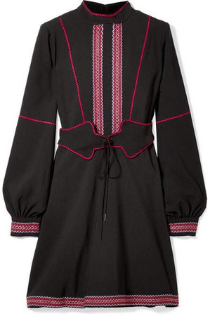 Belted Embroidered Crepe Mini Dress - Black