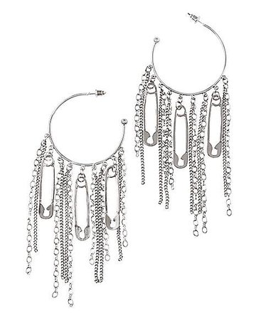 Silvertone Safety Pin Chain Hoop Earrings - Spencer's