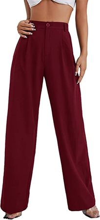 SweatyRocks Women's Casual Wide Leg High Waisted Botton Down Straight Long Trousers Pants Red L at Amazon Women’s Clothing store