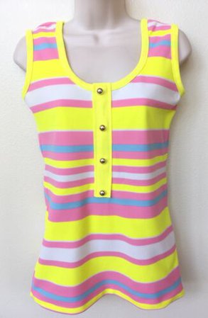 Vtg Striped Tank Top Sleeveless Shirt Womens Size M Polyester Yellow Pink Blue | eBay