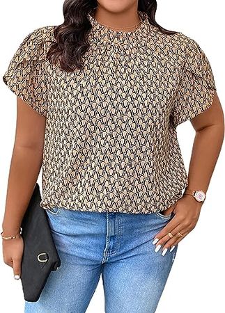 Verdusa Women's Plus Size Petal Sleeve Mock Neck Printed Blouse Top Shirts at Amazon Women’s Clothing store