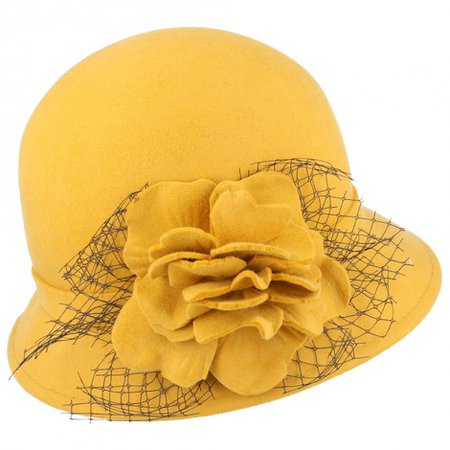 Maz Chic Vintage Wool Cloche Hat With Flower & Mesh Yarn - Mustard