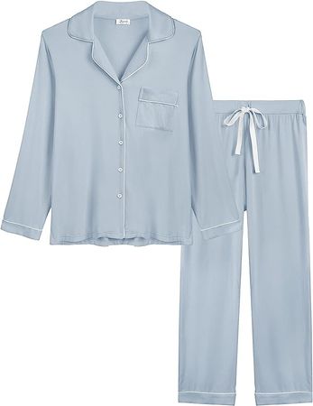 Joyaria Womens Lounge Set Soft Jersey Knit Button Down/Up Long Sleeved Pajama/Pj/Sleep Sets(Dusty Blue, XXL) at Amazon Women’s Clothing store