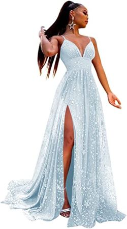 Amazon.com: YMSHA Spaghetti Straps Deep V Neck Prom Dresses for Teens Tulle Evening Party Dress with Slit YMS257: Clothing, Shoes & Jewelry