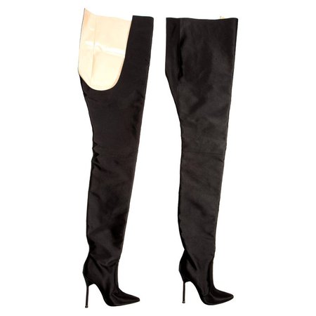Manolo Blahnik x Vetements black satin waist-high boots, ss 2017 For Sale at 1stdibs