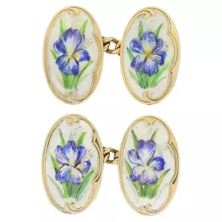 Art Nouveau Enamel Floral Iris Cufflinks For Sale at 1stDibs